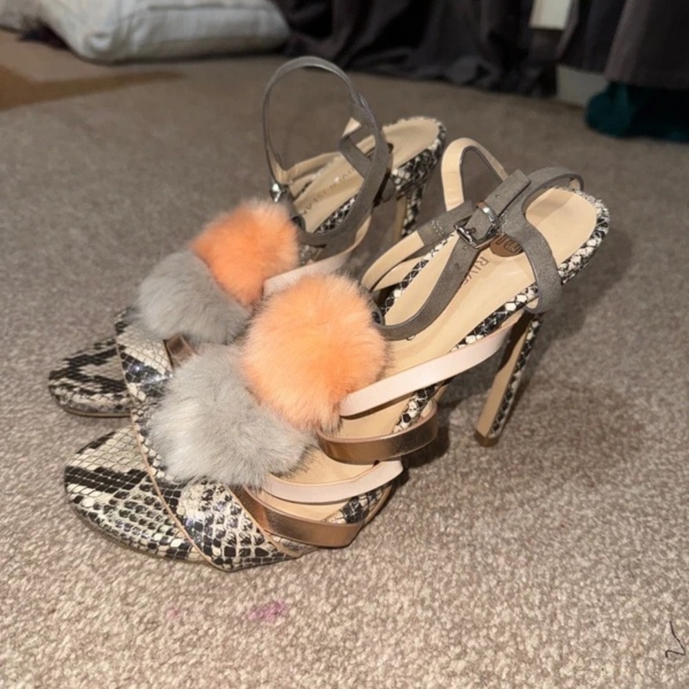 Snakeskin-Print High Heel Sandals with Peach & Gray Faux Fur Pom-Poms
